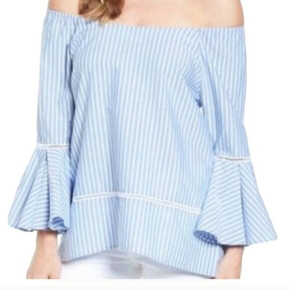Pleione Off The Shoulder Blue White Striped Top Size S Flutter Bell Sleeve NEW - Picture 2 of 8